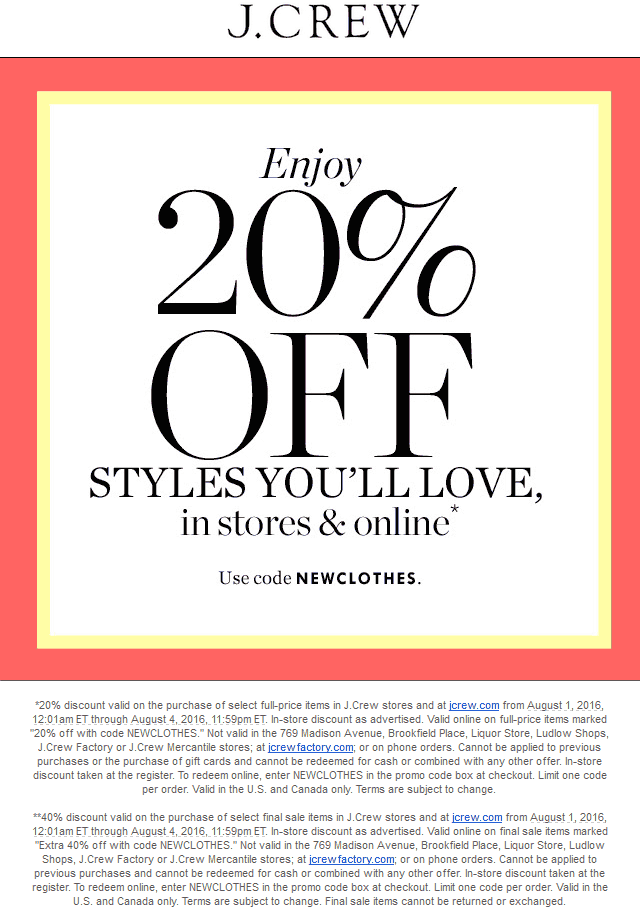J.Crew Coupon April 2024 20% off at J.Crew, or online via promo code NEWCLOTHES
