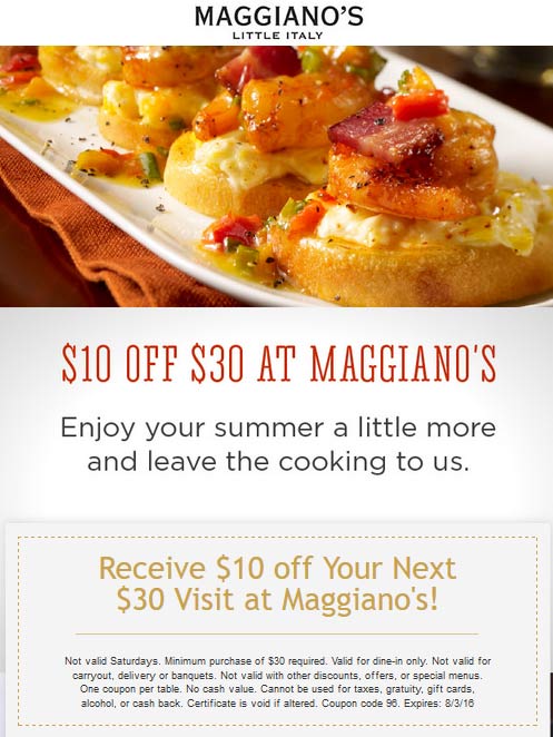 Maggianos Little Italy Coupon March 2024 $10 off $30 at Maggianos Little Italy restaurants