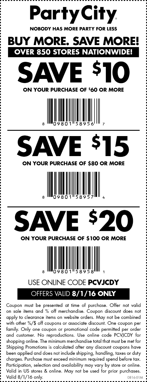 Party City Coupon April 2024 $10 off $60 at Party City, or online via promo code PCVJCDY