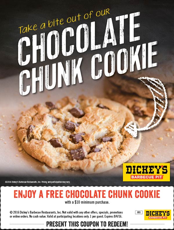 Dickeys Barbecue Pit Coupon April 2024 Free cookie with $10 spent at Dickeys Barbecue Pit restaurants