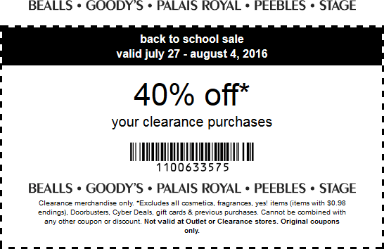 Bealls Coupon April 2024 Extra 40% off clearance at Peebles, Goodys, Bealls & Stage stores