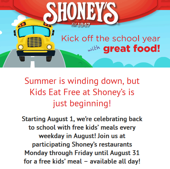 Shoneys Coupon April 2024 Kids eat free all day weekdays this month at Shoneys