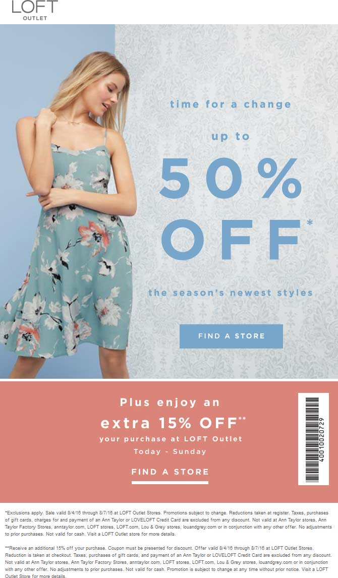 LOFT Outlet Coupon April 2024 Extra 15% off + 50% off sale going on at LOFT Outlet