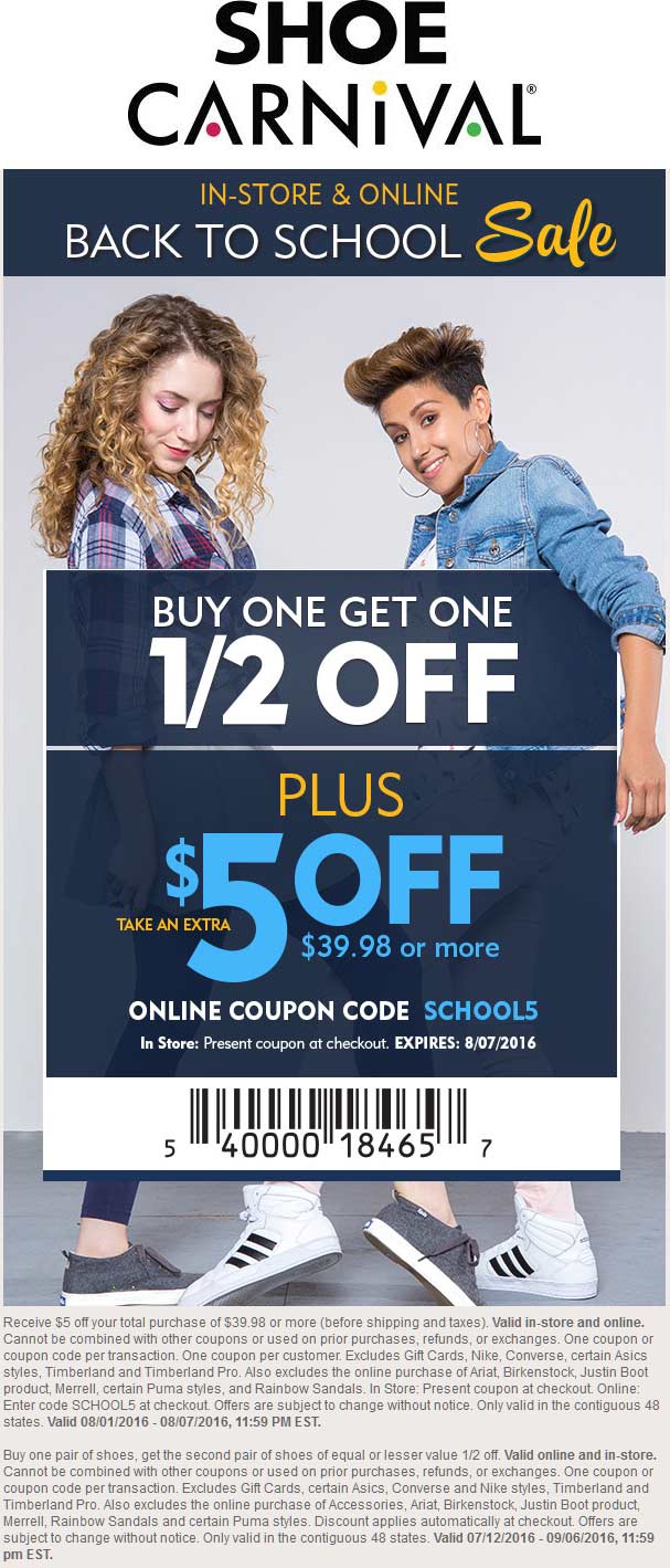 Shoe Carnival Coupon March 2024 $5 off $40 at Shoe Carnival, or online via promo code SCHOOL5