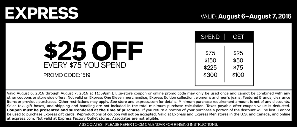 Express Coupon April 2024 $25 off every $75 at Express, or online via promo code 1519