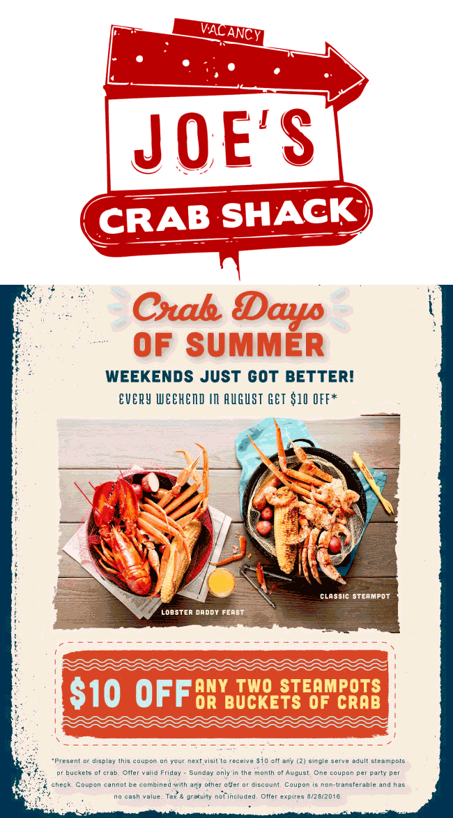 Joes Crab Shack Coupon April 2024 $10 off two buckets on weekends at Joes Crab Shack