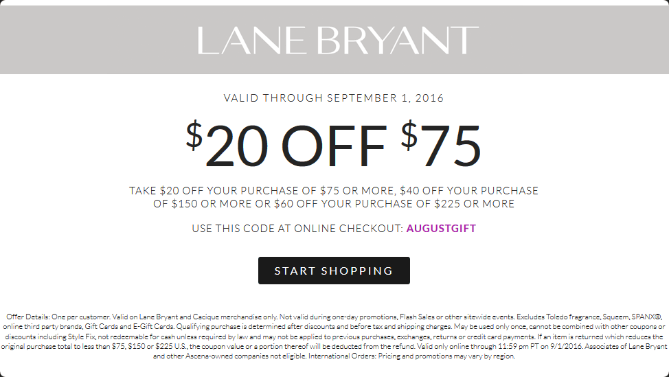 Lane Bryant Coupon April 2024 $20 off $75 & more at Lane Bryant, or online via promo code AUGUSTGIFT