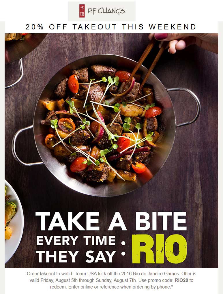 P.F. Changs Coupon April 2024 20% off takeout at P.F. Changs restaurants via promo code RIO20