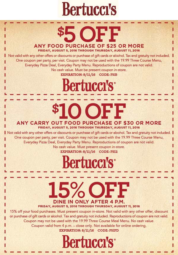 Bertuccis Coupon April 2024 $5 off $25 & more at Bertuccis restaurants