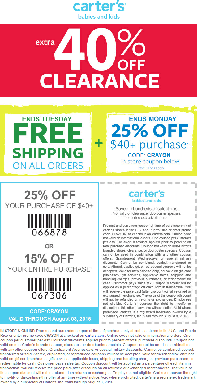 Carters Coupon April 2024 15-25% off everything + 40% off clearance at Carters, or online via promo code CRAYON
