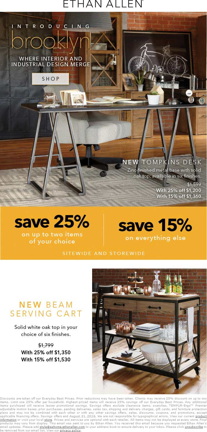 Ethan Allen Coupon April 2024 15-25% off everything at Ethan Allen, ditto online
