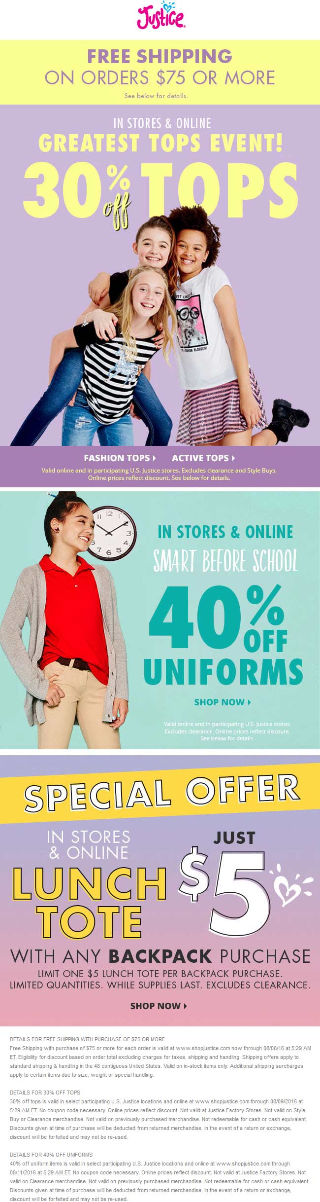 Justice Coupon April 2024 40% off uniforms, 30% off tops at Justice, ditto online