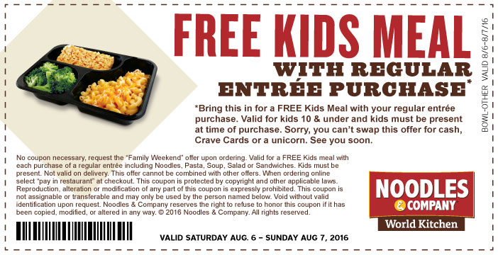 Noodles & Company Coupon April 2024 Free kids meal with your entree today at Noodles & Company