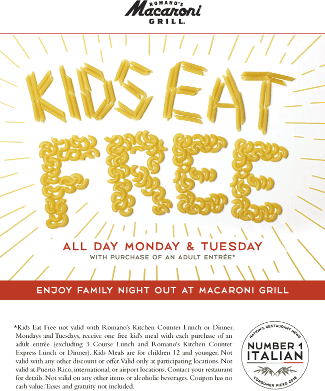 Macaroni Grill Coupon March 2024 Kids eat free with your entree at Macaroni Grill