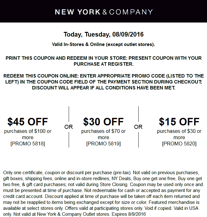 New York & Company Coupon April 2024 $15 off $30 & more today at New York & Company, or online via promo code 5820
