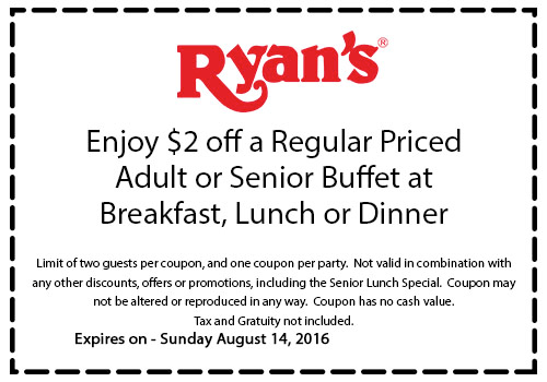 Ryans Coupon March 2024 $2 off your buffet at Ryans restaurants