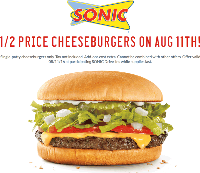 Sonic Drive-In Coupon April 2024 50% off cheeseburgers Thursday at Sonic Drive-In