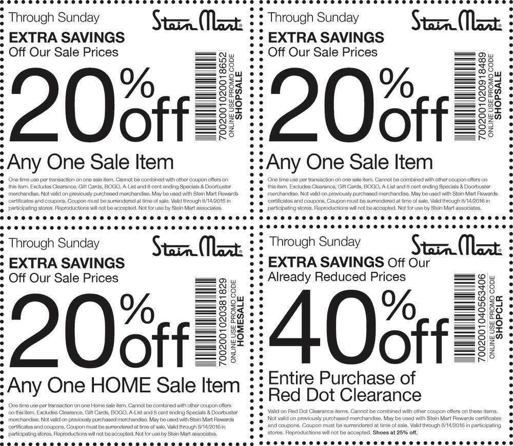 Stein Mart Coupon March 2024 Extra 40% off clearance & more at Stein Mart, or online via promo code SHOPCLR