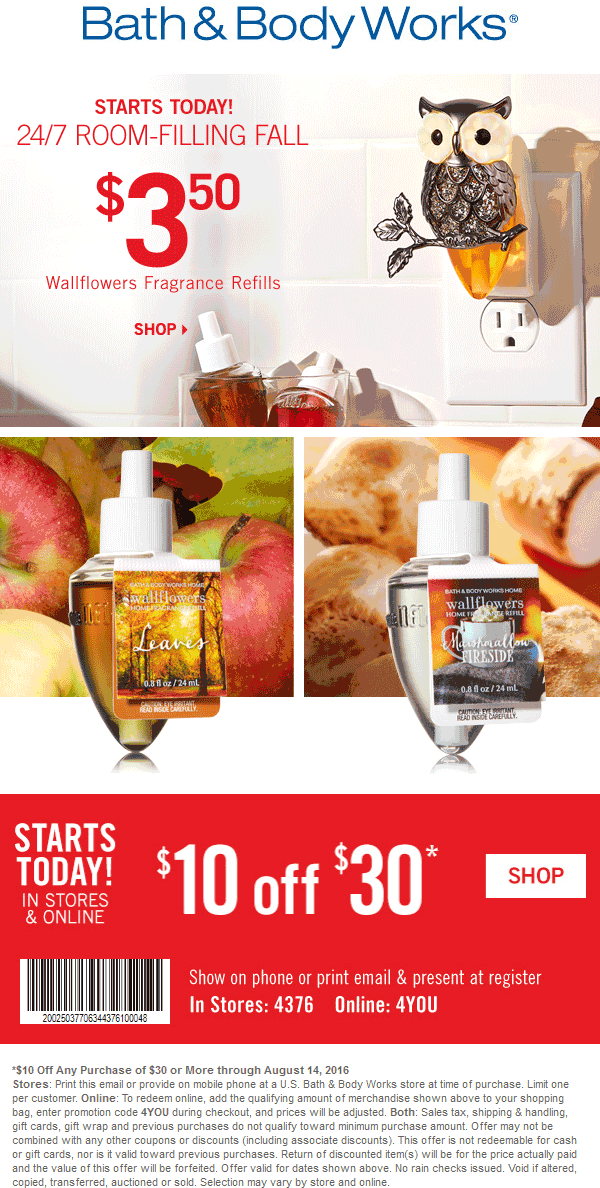 Bath & Body Works Coupon April 2024 $10 off $30 at Bath & Body Works, or online via promo code 4YOU
