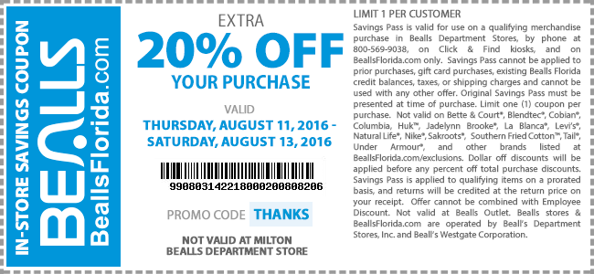 Bealls Coupon May 2024 Extra 20% off at Bealls, or online via promo code THANKS
