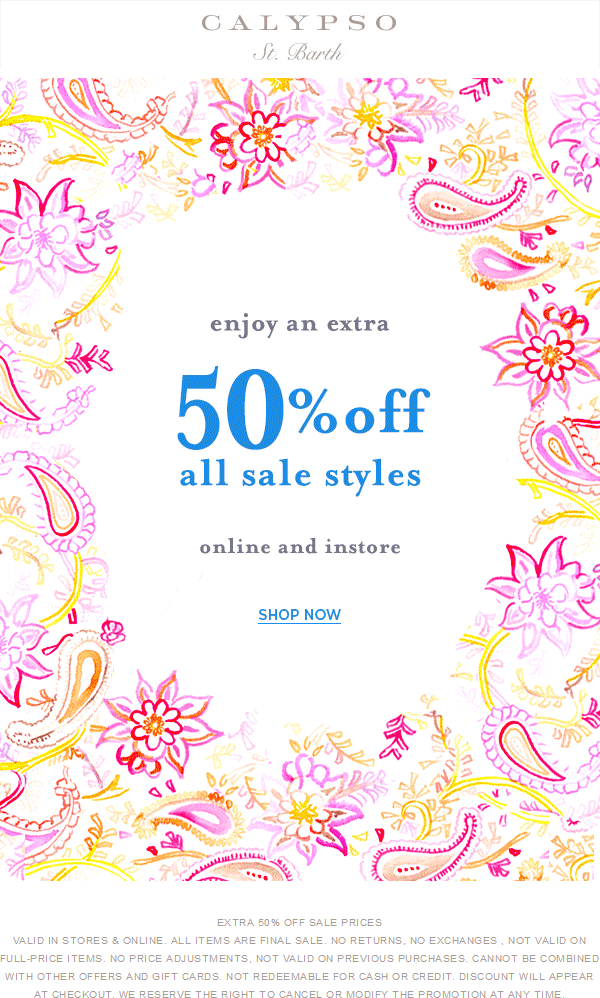 Calypso St. Barth Coupon April 2024 Extra 50% off sale styles at Calypso St. Barth, ditto online