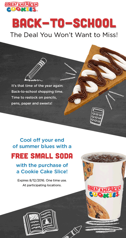 Great American Cookies Coupon April 2024 Free soda with your cookie slice at Great American Cookies