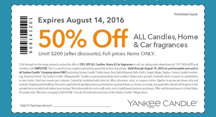 Yankee Candle Coupon April 2024 50% off candles & fragrances at Yankee Candle, or online via promo code EMPLOYEE