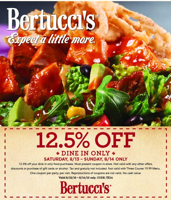 Bertuccis Coupon April 2024 12% off this weekend at Bertuccis restaurants