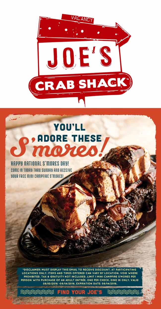 Joes Crab Shack Coupon April 2024 Free smores with your entree at Joes Crab Shack