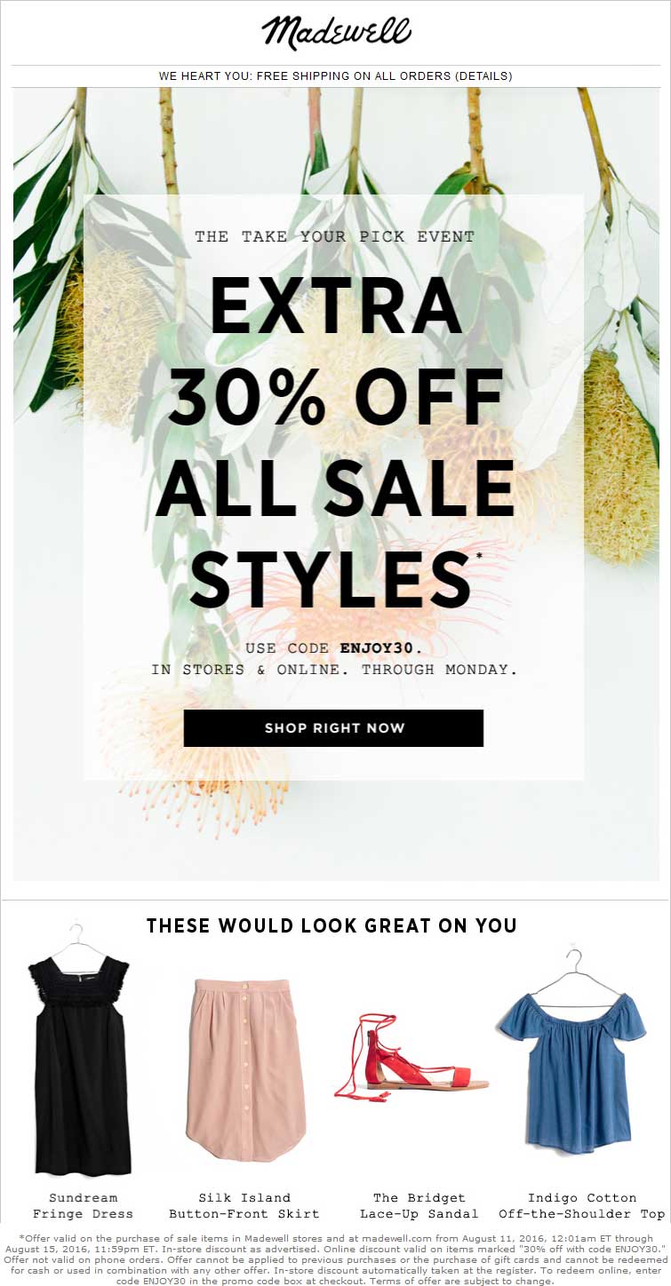 Madewell Coupon April 2024 Extra 30% off sale items at Madewell, or online via promo code ENJOY30