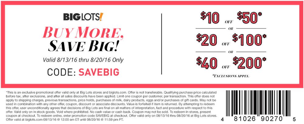 Big Lots Coupon April 2024 $10 off $50 & more at Big Lots, or online via promo code SAVEBIG