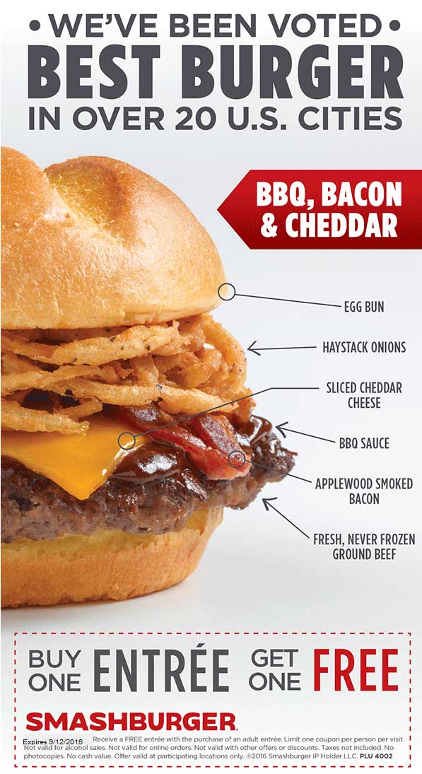 Smashburger Coupon April 2024 Second entree free at Smashburger