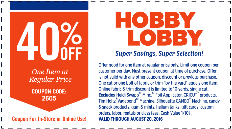 Hobby Lobby Coupon April 2024 40% off a single item at Hobby Lobby, or online via promo code 2605