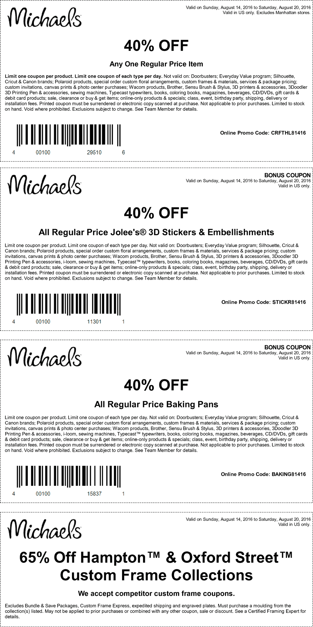 Michaels Coupon April 2024 40% off a single item at Michaels, or online via promo code CRFTHL81416