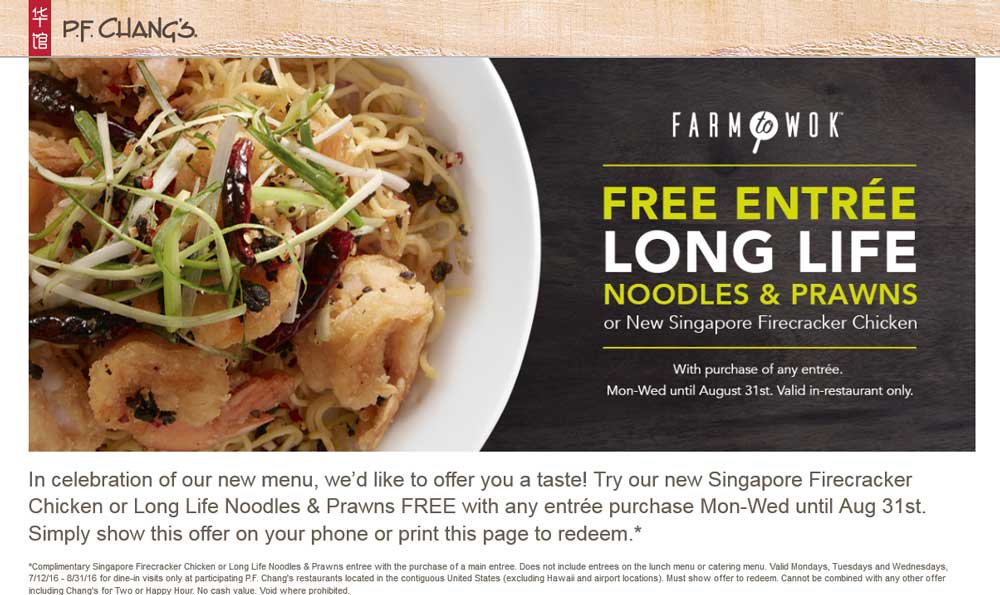 P.F. Changs Coupon April 2024 Second entree free Mon-Wed at P.F. Changs