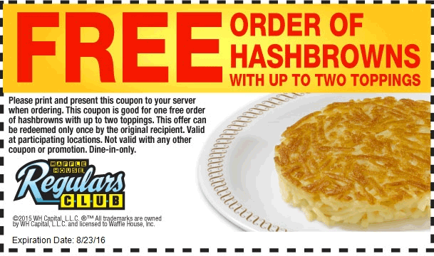Waffle House Coupon April 2024 Free hash browns at Waffle House restaurants