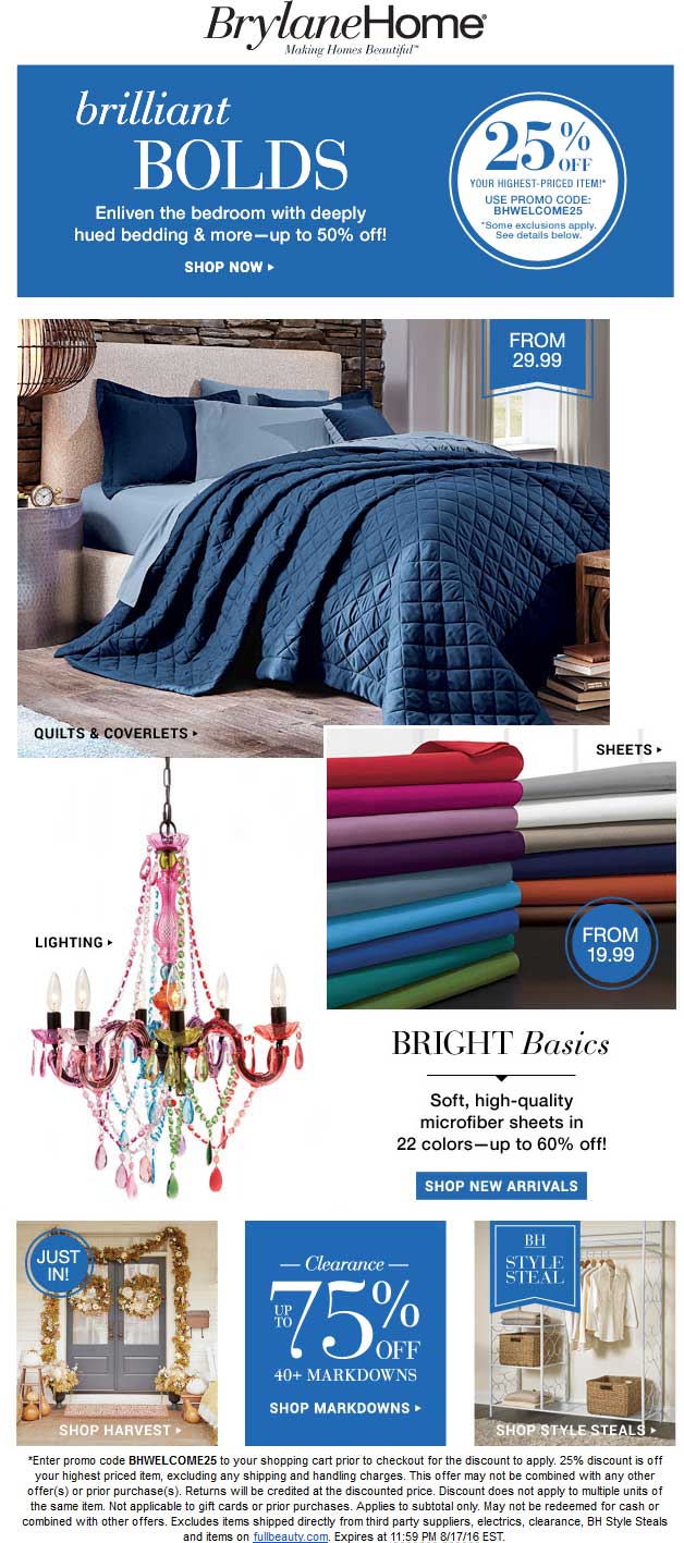 Brylane Home Coupon March 2024 25% off online at Brylane Home via promo code BHWELCOME25
