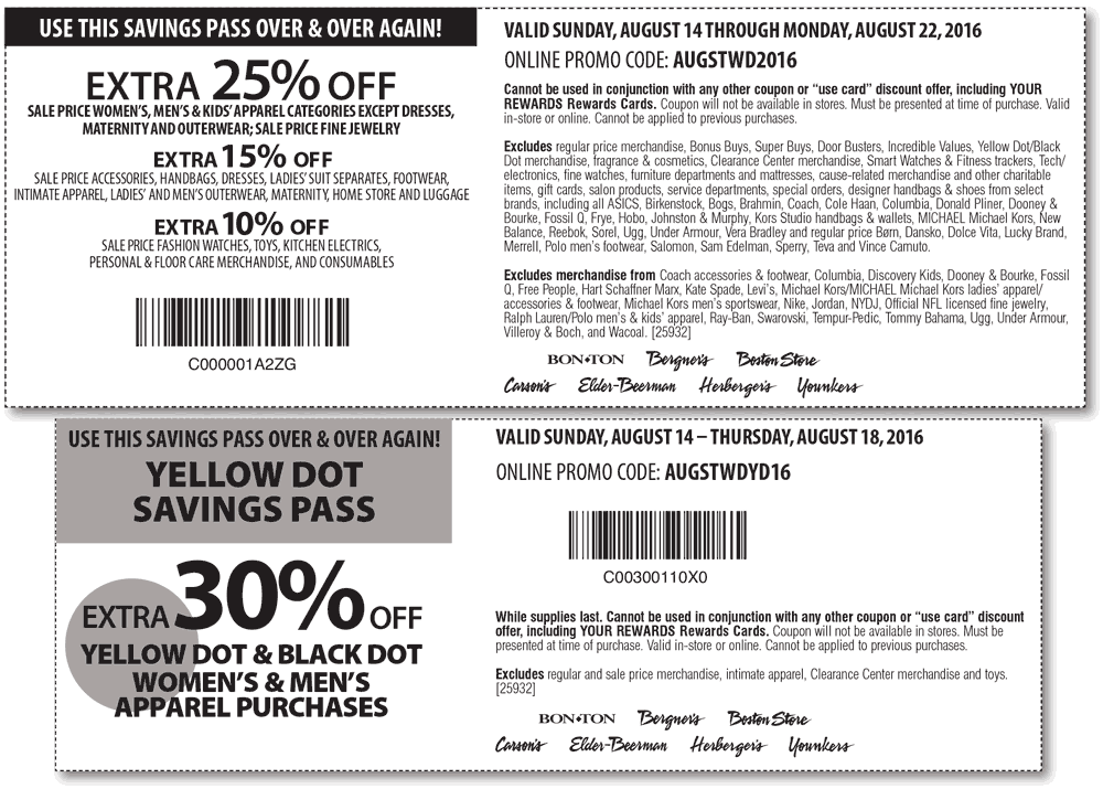 Carsons Coupon April 2024 Extra 25% off sale items & more at Carsons, Bon Ton & sister stores, or online via promo code AUGSTWD2016