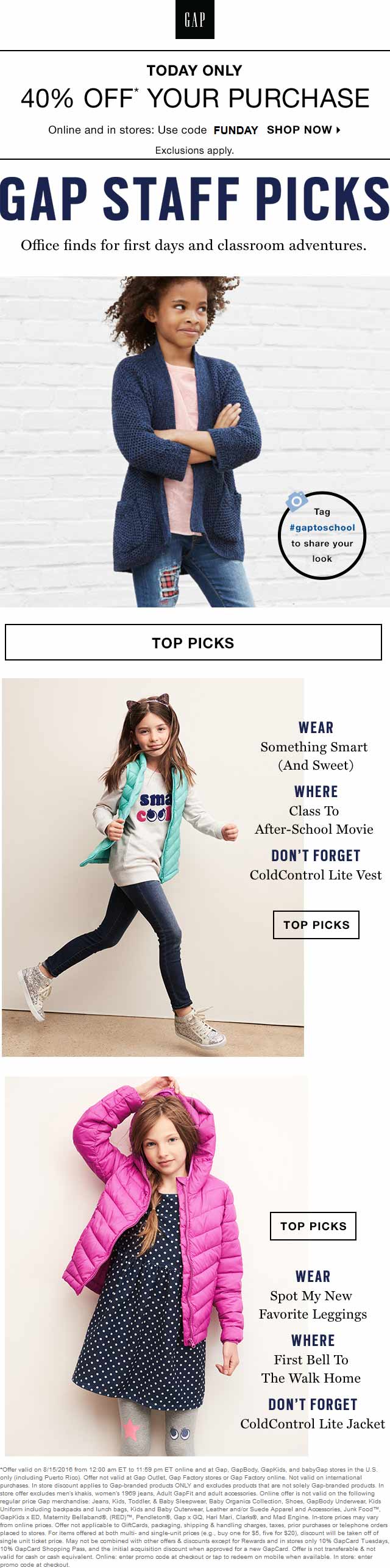 Gap Coupon April 2024 40% off today at Gap, or online via promo code FUNDAY