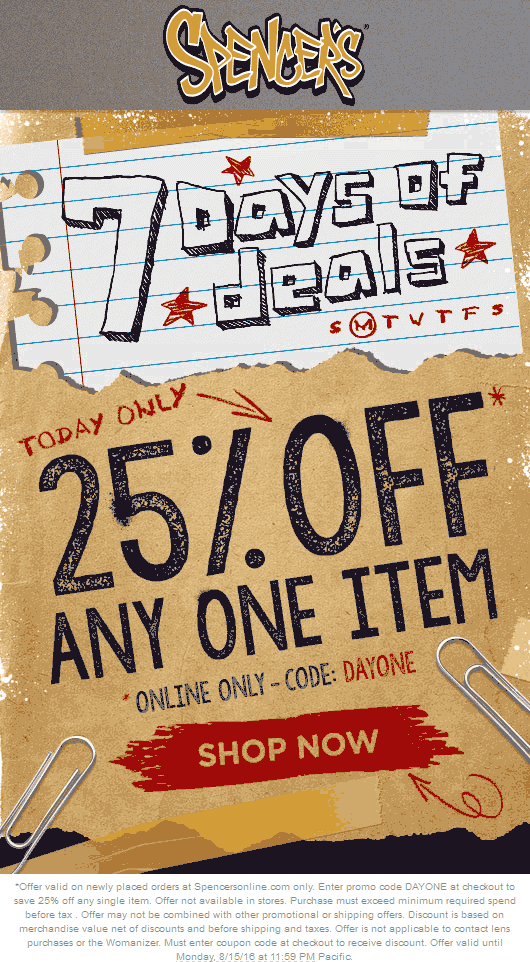 Spencers Coupon April 2024 25% off a single item online today at Spencers