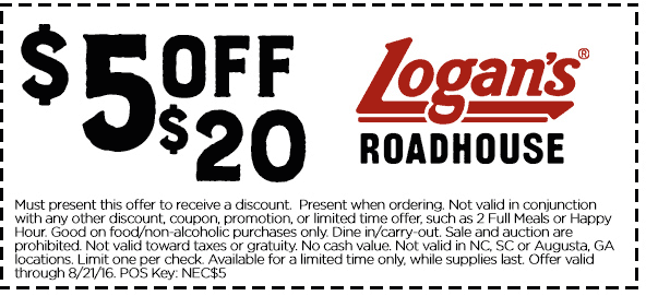 Logans Roadhouse Coupon April 2024 $5 off $20 at Logans Roadhouse restaurants