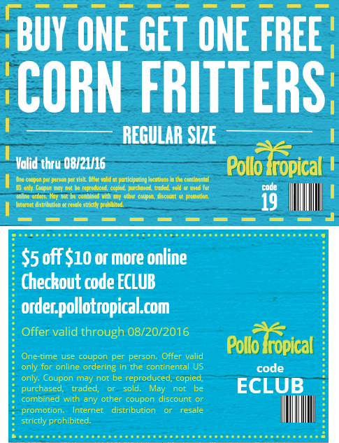 Pollo Tropical Coupon April 2024 $5 off $10 online & second corn fritters free at Pollo Tropical restaurants
