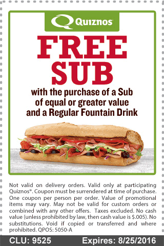 Quiznos Coupon March 2024 Second sub free with your drink at Quiznos