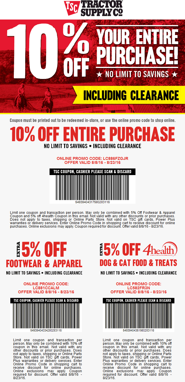 Tractor Supply Co Coupon April 2024 10% off the tab at Tractor Supply Co, or online via promo code LC886FZGJR