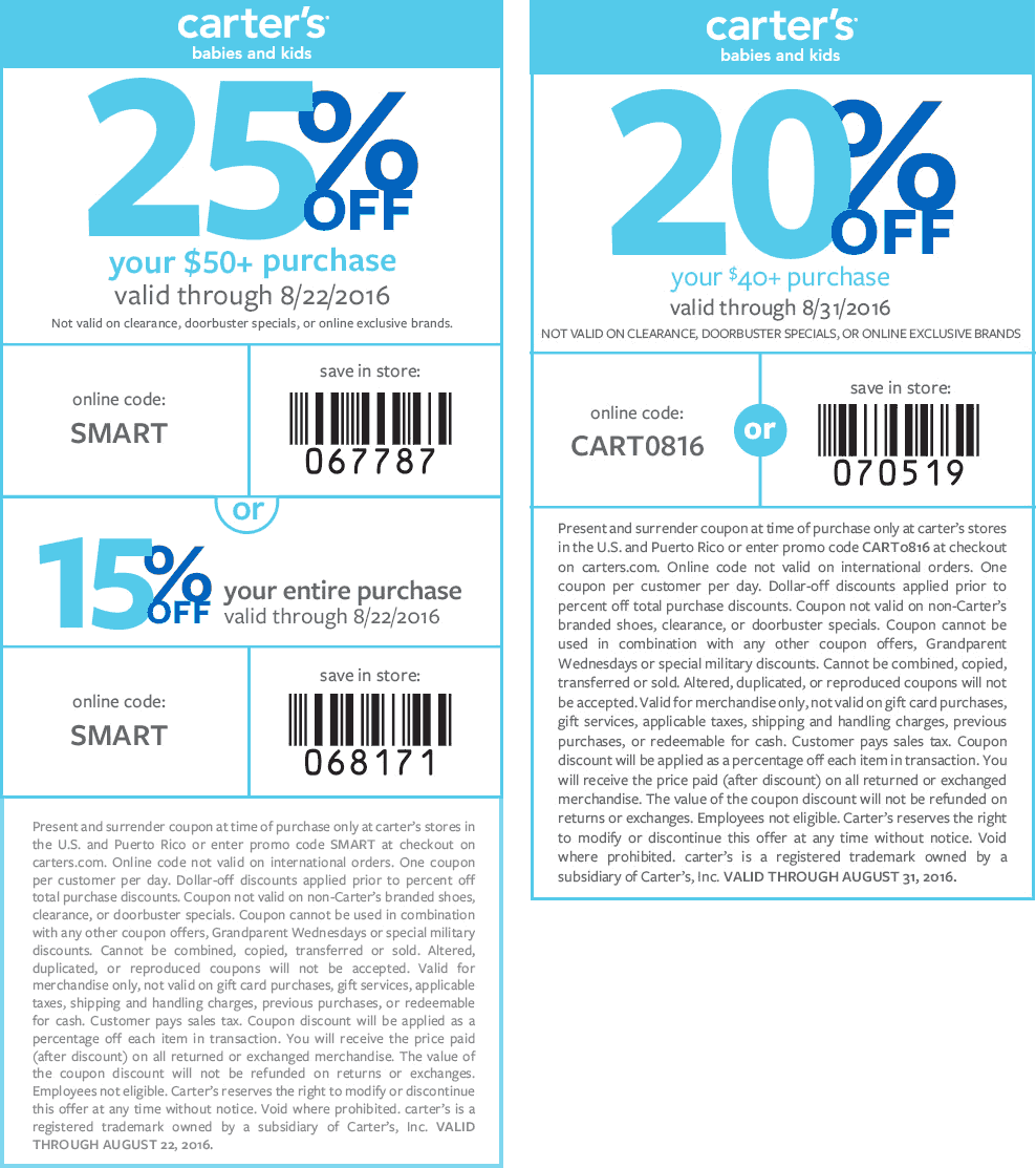 Carters Coupon April 2024 15-25% off at Carters, or 25% off $50 via promo code SMART