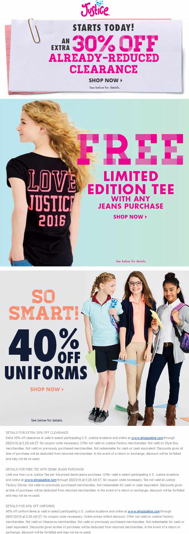 Justice Coupon April 2024 Extra 30% off clearance, 40% off uniforms, free shirt with jeans at Justice, ditto online