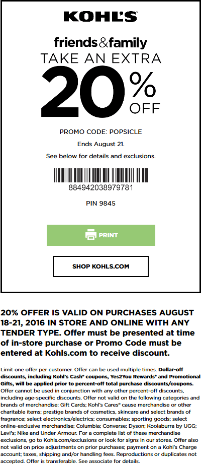 Kohls Coupon April 2024 Extra 20% off at Kohls, or online via promo code POPSICLE