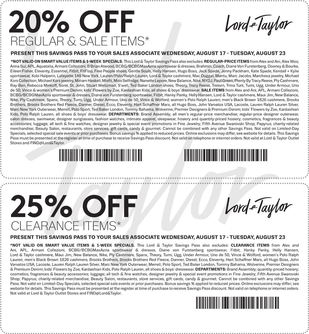 Lord & Taylor Coupon April 2024 20-25% off at Lord & Taylor, or online via promo code FALL
