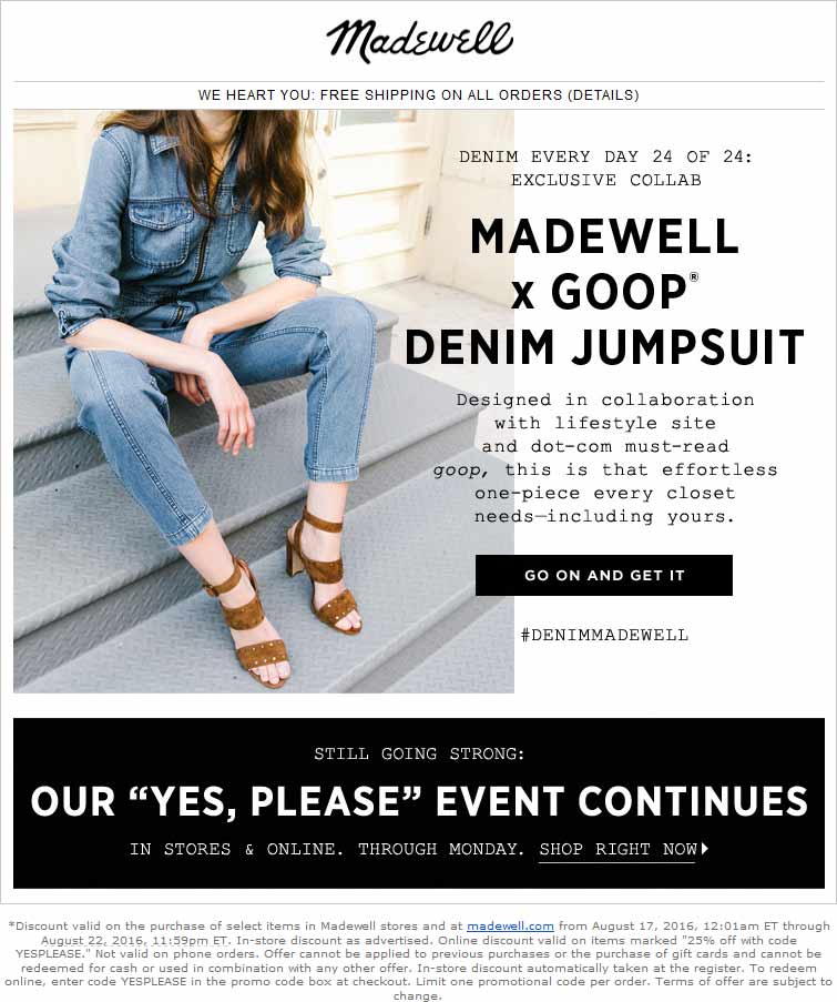 Madewell Coupon April 2024 25% off at Madewell, or online via promo code YESPLEASE