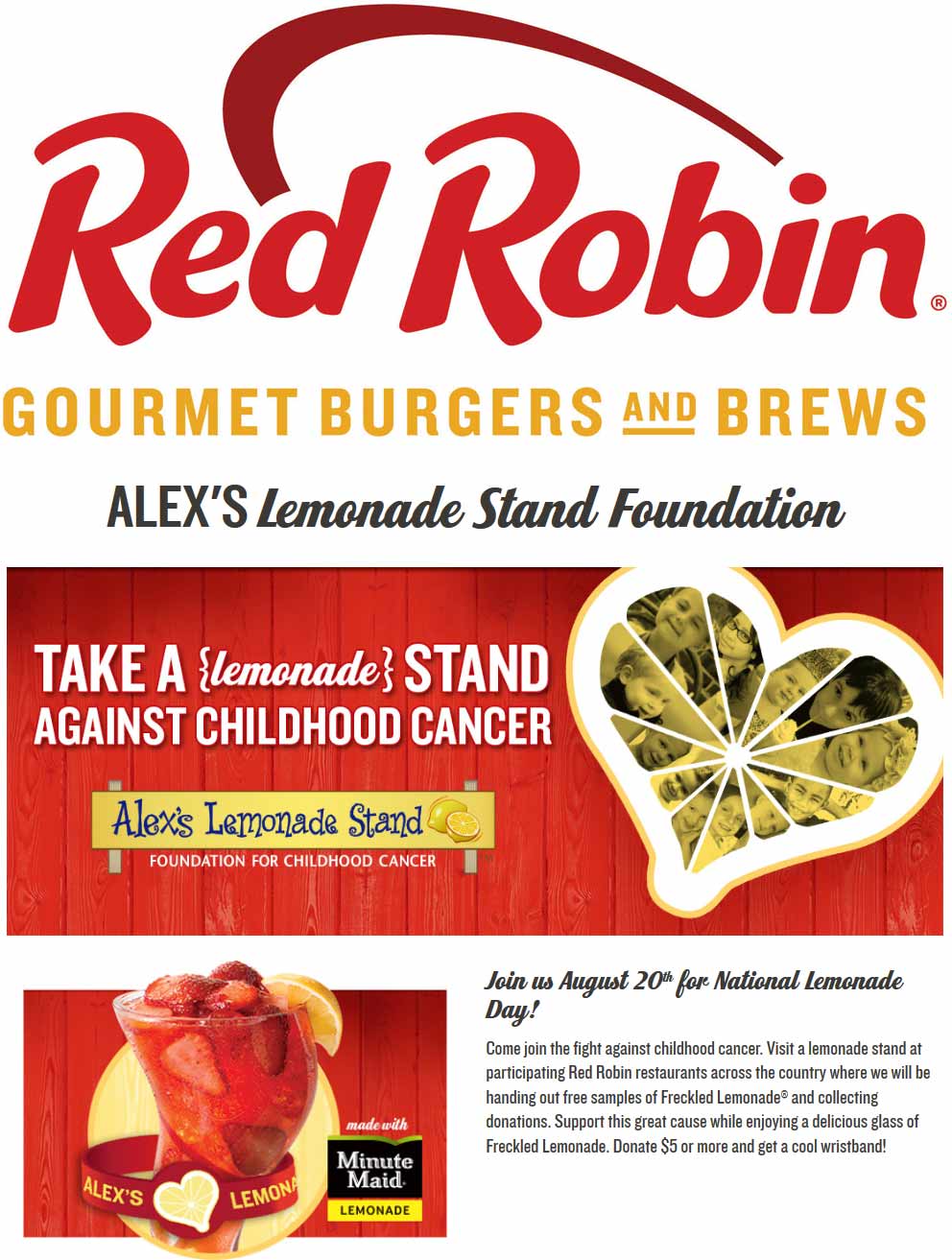 Red Robin Coupon April 2024 Free lemonade for charity Saturday at Red Robin restaurants
